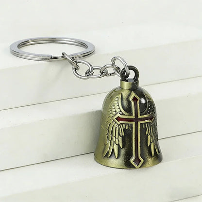 Punk Style Bell Keychain Metal Wing Cross Pendant Vintage Helmet Motorbike Rider Charm Bag Car Key Ring Gift