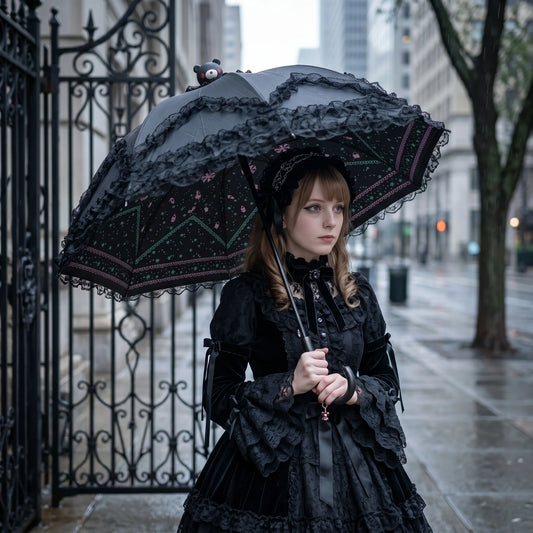 Gothic Lolita Lace Umbrella, Cute Bear Top Decor, Black/Pink Parasol for Sun & Rain, Kawaii Victorian Style