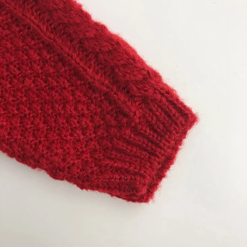 Vintage Cable Knit Toddler Girl Cardigan Red Metal Button Crew Neck Sweater 1-6Y Girls Autumn Winter Warm Knit Outerwear