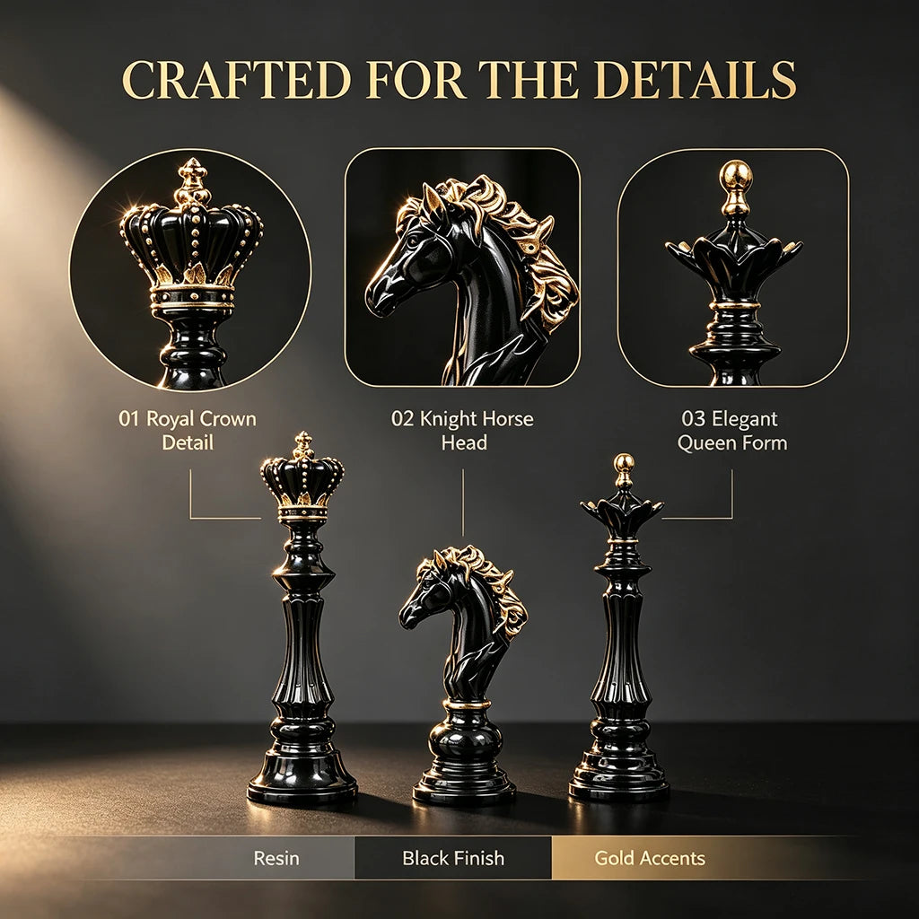 2026 Trending Chess Decor Set, Black Gold Resin King Queen Knight Statue, Modern Luxury Ornament for Home Office