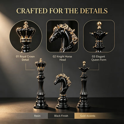 2026 Trending Chess Decor Set, Black Gold Resin King Queen Knight Statue, Modern Luxury Ornament for Home Office