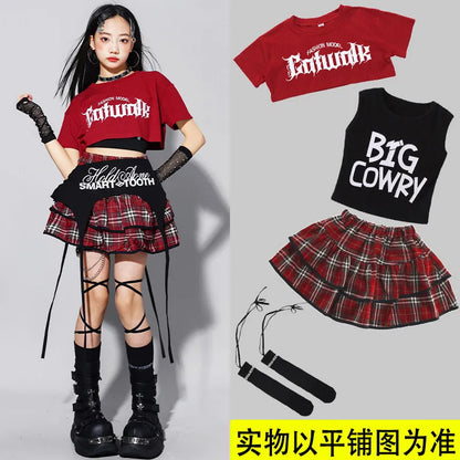 Girls K-pop Fashion Crop Top Bud Skirts Children Hip Hop Street Dance Costume Kids Streetwear Girl Group Jazz Summer Clothes Set