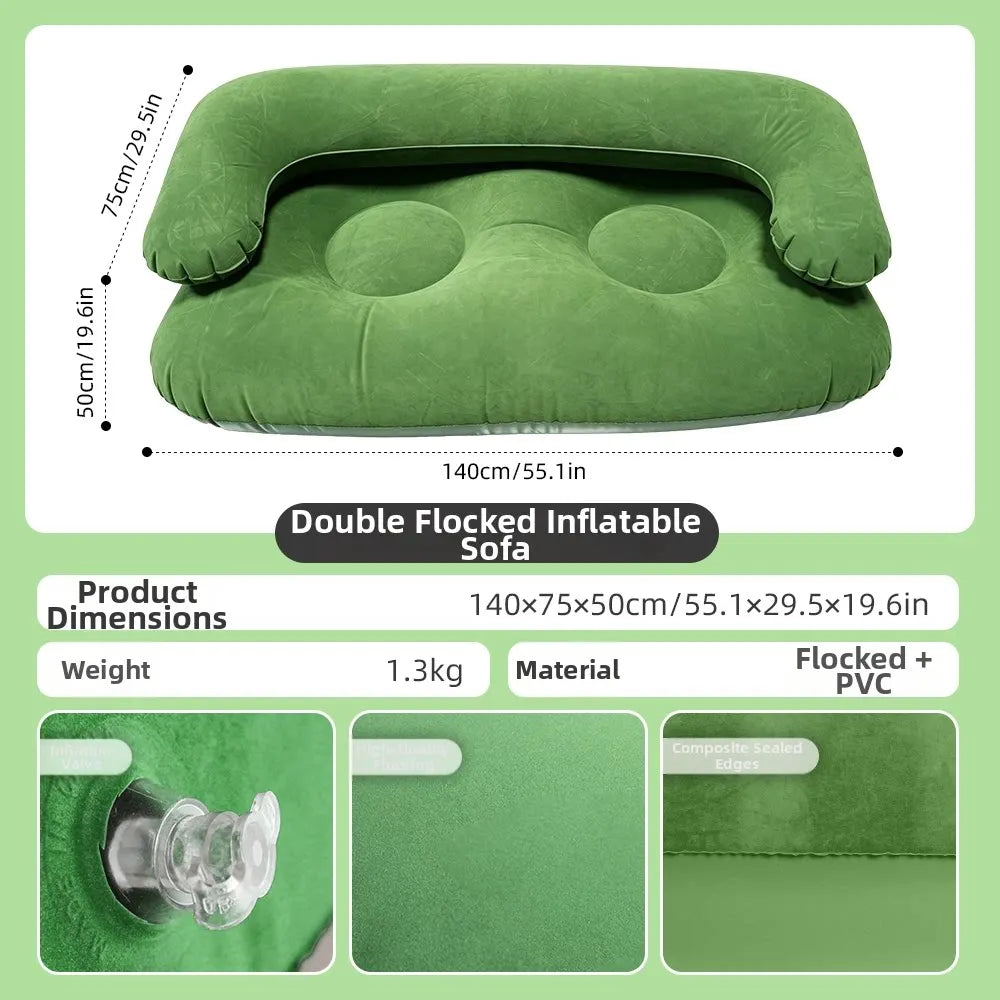 Inflatable Double Sofa 2 Person Air Couch Thickened PVC Flocking Portable Foldable Lazy Sofa Waterproof Inflatable Lounger