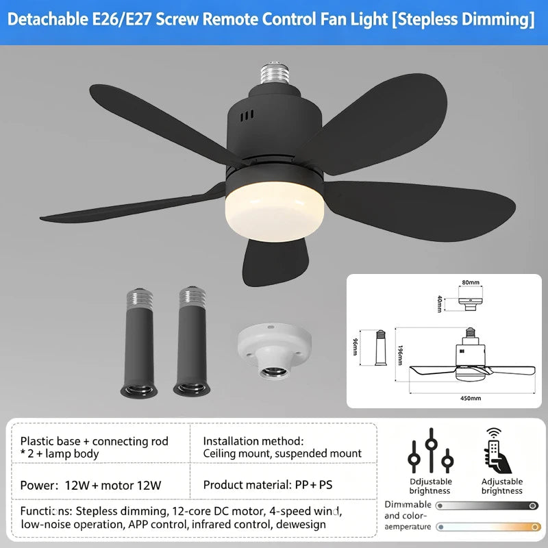 E26/E27 Socket LED Fan Light with Remote & APP 52.5cm 4 Speed Socket Ceiling Fans with Lighting Light Bulb Fan for Bedroom Home