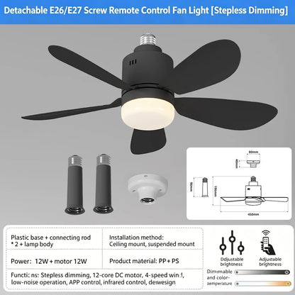 E26/E27 Socket LED Fan Light with Remote & APP 52.5cm 4 Speed Socket Ceiling Fans with Lighting Light Bulb Fan for Bedroom Home