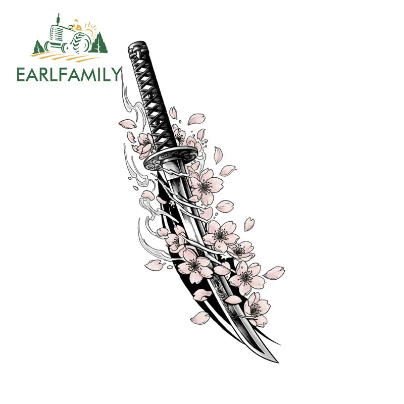 EARLFAMILY Samurai Theme Katana Design Car Stickers Cool Cartoon Picture Decal Amusing Motorcycle Car Body Occlusion Scratch
