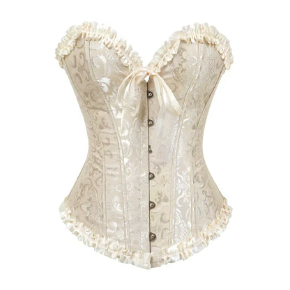 Women Overbust Corset Korset Basques Floral Lace Top Bustier Jacquard Lingerie Corselet