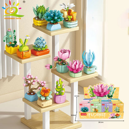 HUIQIBAO MOC Flower Succulent Potted Model Building Block DIY Eternal Bouquet Home Desk Plant Decor Brick Girl Gift Children Toy