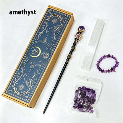 1box Amethyst Witch Crystal Wand Altar Kit, Natural Crystal Stones Selenite Wand Bracelet Wicca Ritual‑Supplies, Spiritual Decor