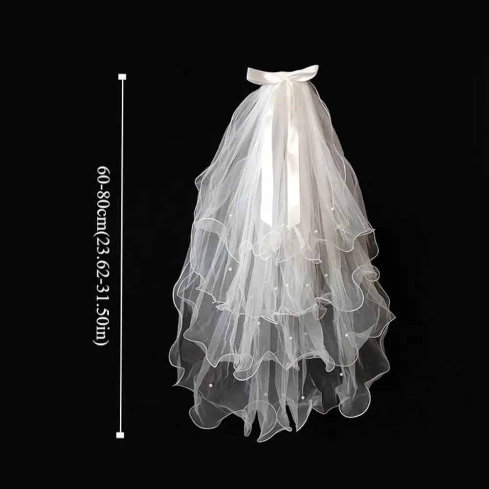New Four-layer Bridal Veil Soft Tulle Curled Wedding Veils White Pearl Bow Ribbon Bride Head Gauze Wedding Accessories
