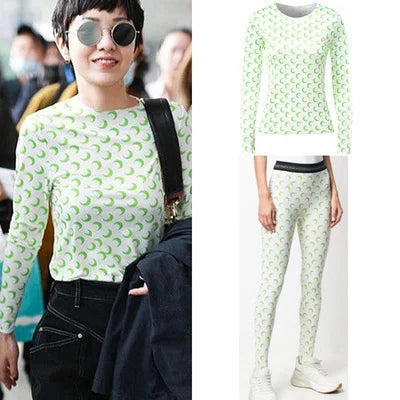 Ice Silk Two Piece Set Womens Sun Protection Clothes Long Sleeve Moon Print Top and Pants American Retro Sexy Autumn New