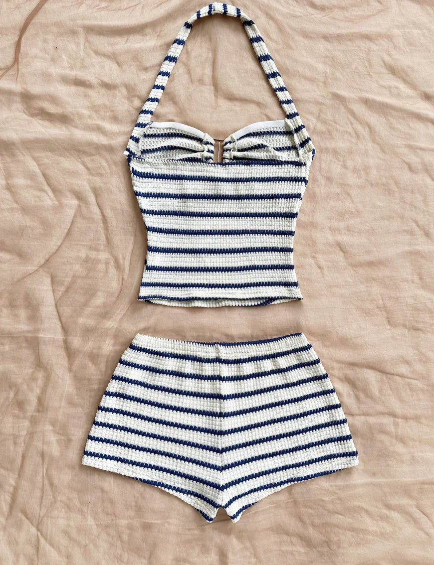 Summer Textured Knit Halter Top Shorts Two Piece Outfit, Classic Nautical Stripes Paired With Breathable Knit Fabric, Ideal For