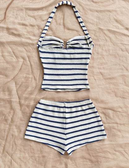 Summer Textured Knit Halter Top Shorts Two Piece Outfit, Classic Nautical Stripes Paired With Breathable Knit Fabric, Ideal For
