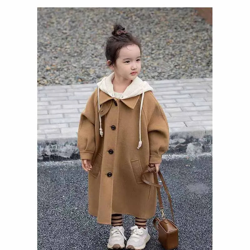 Kids Tweed Jacket Girls Warm Overcoat Autumn Medium-Length Coat Spring Hooded Windbreaker New Casual Single-Breasted Clothing