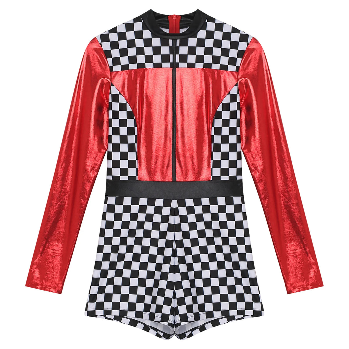 Women's Race Car Driver Romper Bodysuit Halloween Cosplay Costumes Theme Checkerboard Print Long Sleeve Boyshorts Racer Jumpsuit