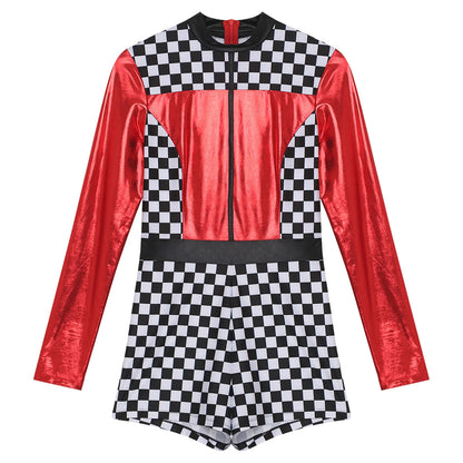 Women's Race Car Driver Romper Bodysuit Halloween Cosplay Costumes Theme Checkerboard Print Long Sleeve Boyshorts Racer Jumpsuit