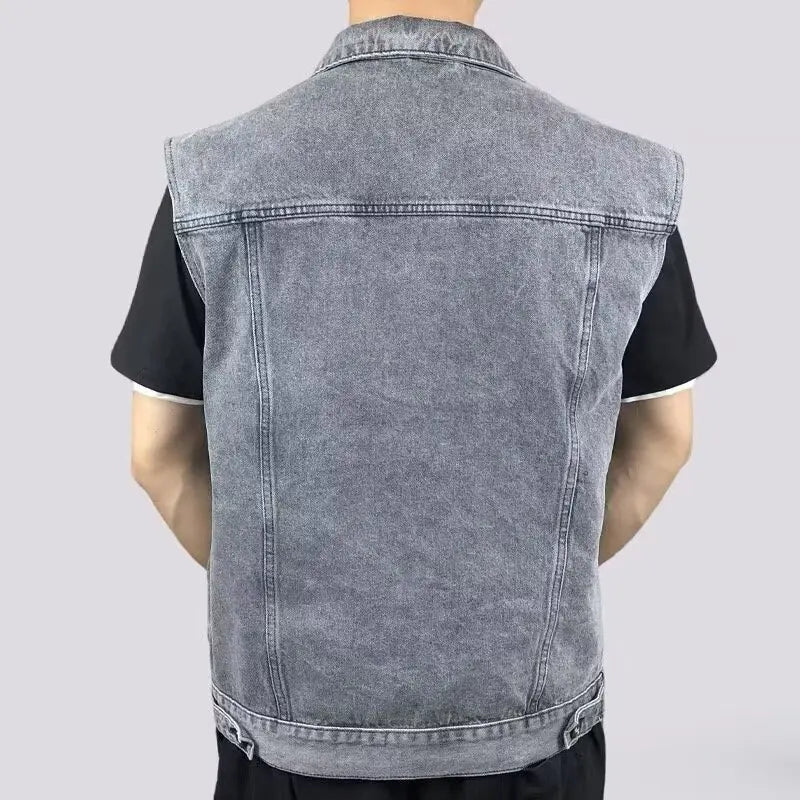 High end retro denim vest, men's sleeveless lapel, vest vest, vest, vest, vest, vest, vest, vest, multi pocket workwear