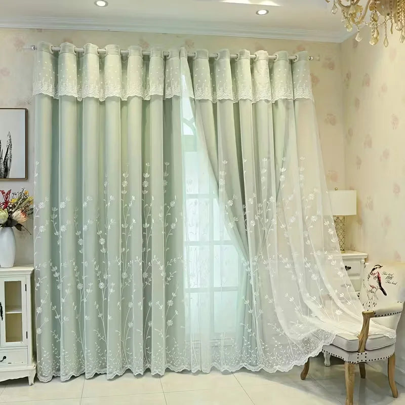 1pc European Luxury Double Layer Blackout Curtain,Top Eyelet for Easy Hanging,Floral Pattern for Living Room Bedroom Decor