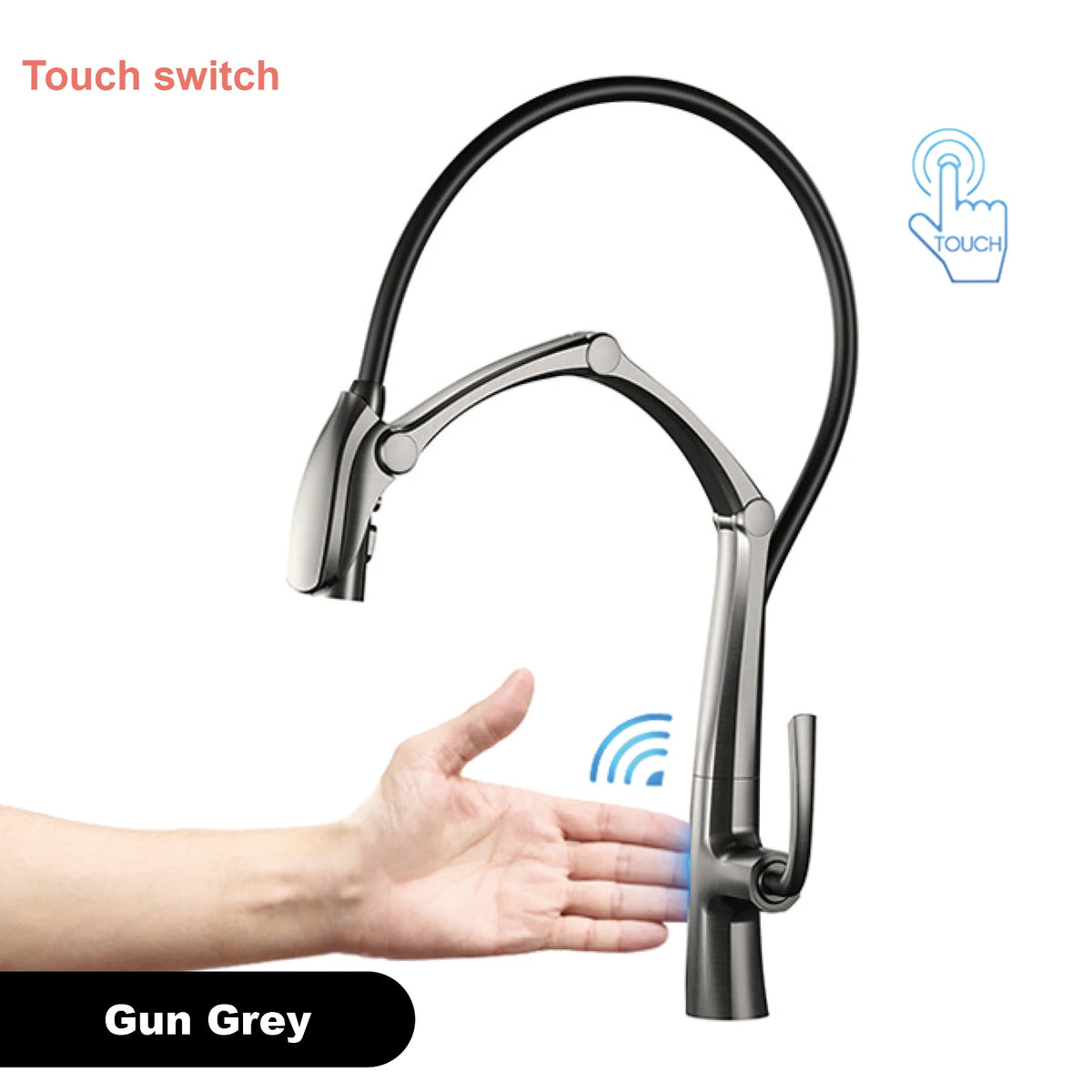 Luxury Gunmetal Brass Kitchen Faucet with LED Display,Sensor&Pull-Out 3-Function Spray,Touchless High Pressure Water-Saving Tap