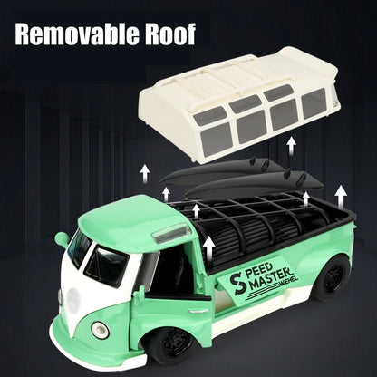 1/32 Volkswagen T1 Minibus Samba JDP Modified Toy Car For Children Diecast Miniature Model Sound & Light Collection Gift Boys