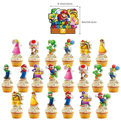 Mario Luigi Peach Princess Yoshi Toad Cake Insertion Cards Banner Spiral Tablecloth Mario Theme Birthday Party Carvinal Props