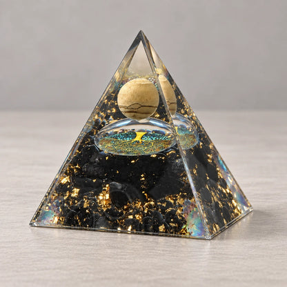 Orgone Pyramid with Picture Jasper Sphere Tree of Life Obsidian Gravel Orgonite Energy Generator Meditation Home Ornament