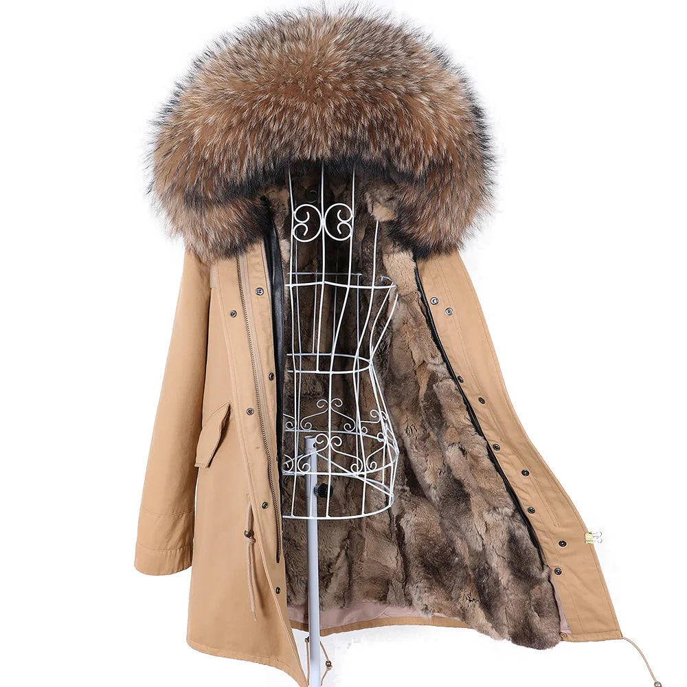 2026 Maomaokong Women's Winter Coats Rabbit Lining Jacket Natural Real Raccoon Fur Collar Parka Fox Fur Long Female Clothing