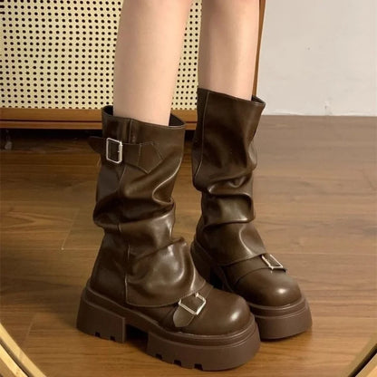 Women's Chunky Platform Motorcycle Boots Vintage Slouchy Mid-Calf Biker Shoes Matte Leather Buckle Booties