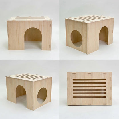 Easy-To-Install Wooden Rabbit House, Glue-Free Assembly, Double Entrance and Exit, Breathable Small Pet Nest, Sturdy Indoor Shelter, Suitable for Rabbits, Guinea Pigs, and Hedgehogs