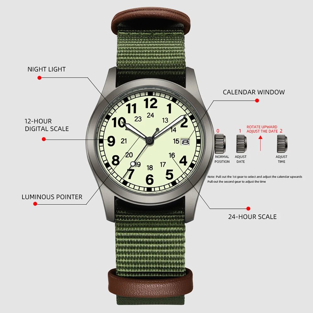 2026 TPW Women's Field Watch 34mm Case Easy Read Fabric Strap 24hr Display Day Function Quartz Movement Luminous