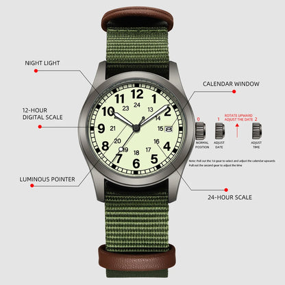 2026 TPW Women's Field Watch 34mm Case Easy Read Fabric Strap 24hr Display Day Function Quartz Movement Luminous