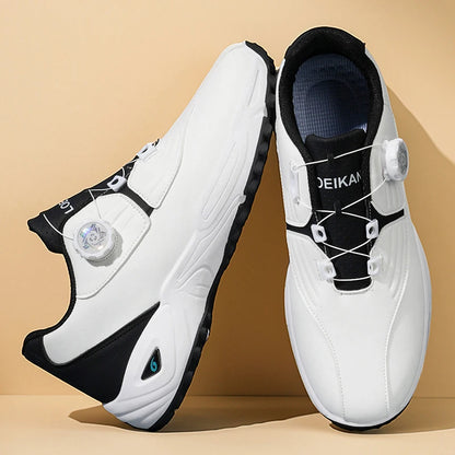 Men Rotary Buckle Golf Shoes Waterproof Leather Air Cushion Non Slip Breathable Training Sneakers 2 Colors
