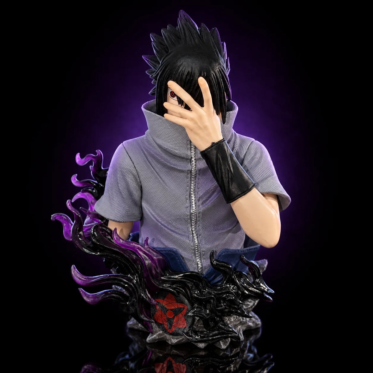 14cm Anime Naruto Uchiha Sasuke Bust Figure Mangekyou Sharingan Curse Mark Purple Flame Effect Statue High Detail PVC Figurine H