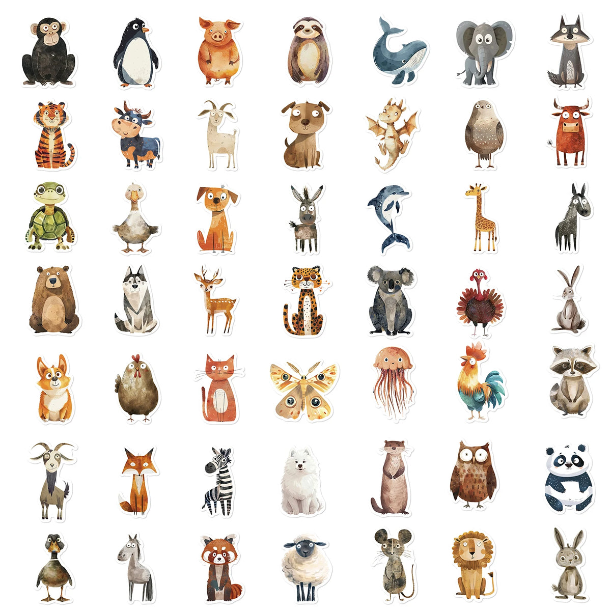 50PCS Cute Strange Watercolor Animals Cartoon Stickers DIY Laptop Phone Luggage Cup Waterproof Graffiti Bicycle Car Decals