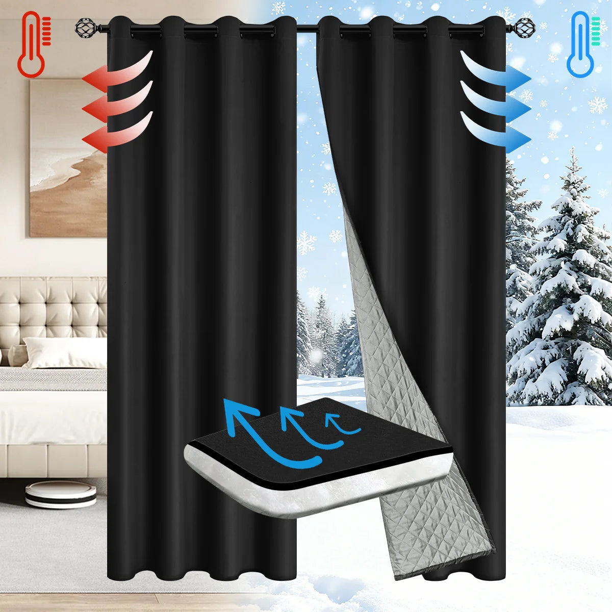1panel 100% Blackout Winter Curtain, Warm Curtains for Living Room, Bedroom, Children Room, Add Cotton Curtains Grommet Top