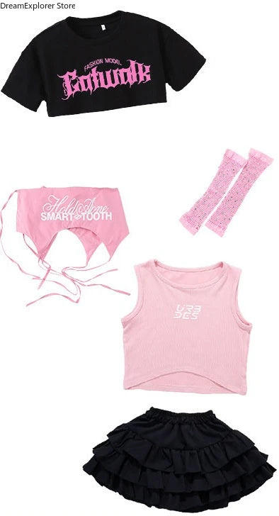 Girls K-pop Crop Top Street Dance Tiered Skirt Cargo Pants Children Costume Kids Hip Hop Streetwear Jazz Girl Group Clothes Sets
