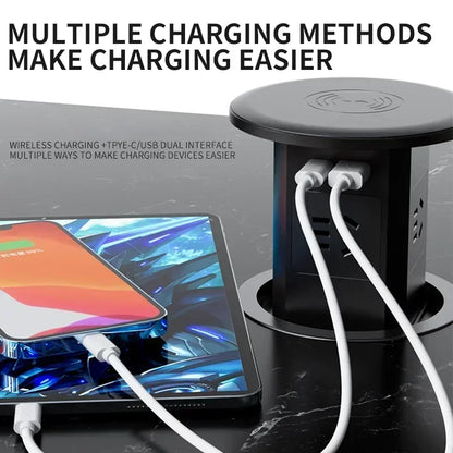 Hydraulic Lifting Socket Automatic Pop  Up Wireless Charge Universal/US/UK/TL Plug Adapter Hidden Four Sided Socket Power Supply