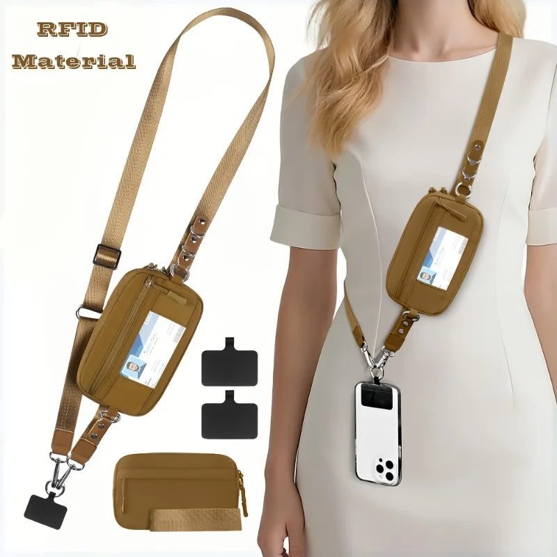 Trend Stripes Diagonal Cross Mobile Phone Lanyard Strap with Multifunctional Wallet Portable Storage Bag for Travel Anti Loss