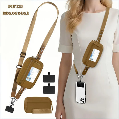 Trend Stripes Diagonal Cross Mobile Phone Lanyard Strap with Multifunctional Wallet Portable Storage Bag for Travel Anti Loss