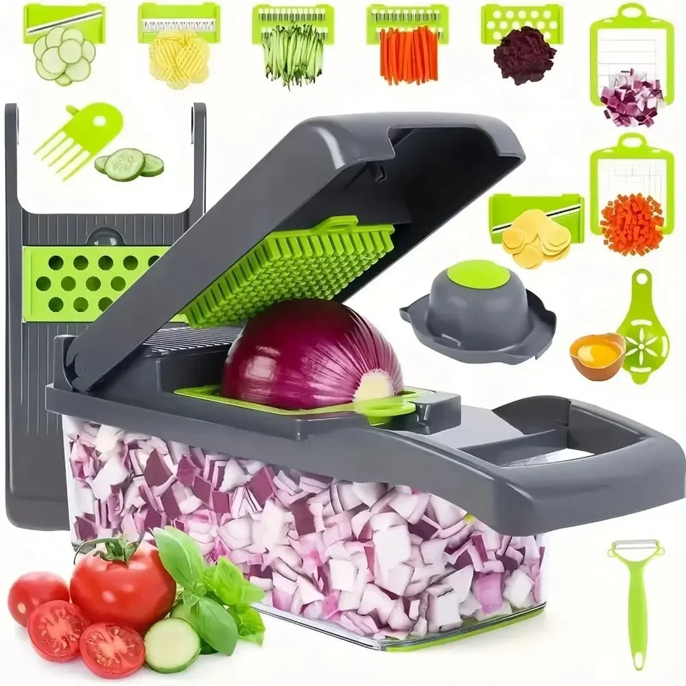 Multifunctional vegetable chopper slicer with stainless steel blades and various chopping tools for efficient food preparation.
