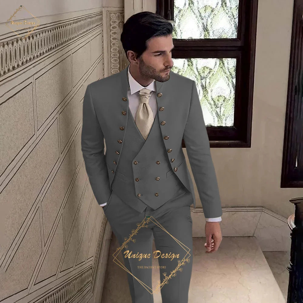 Men's Khaki Tuxedo 3-Piece Suit Jacket Vest Pants Classic Luxury Male Customized Set for Wedding Groom Cocktail Xmas Party Dress
