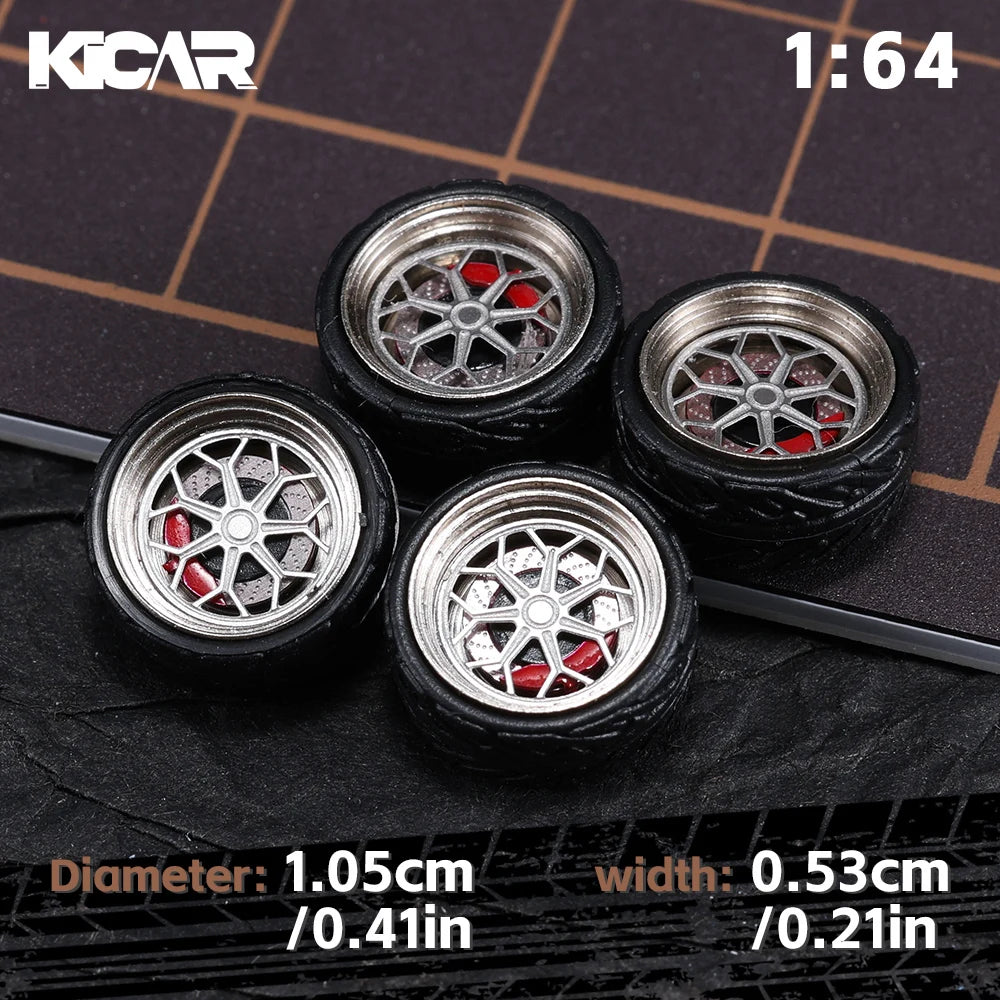 Kicarmod 1/64 10.5mm Alloy Model Wheels with Magnetic Hub Caps-with Rubber Tires for Tomica Custom Diecast Cars