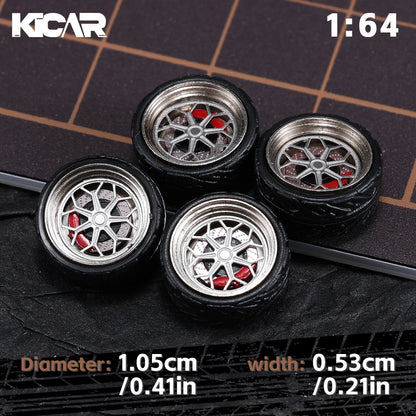 Kicarmod 1/64 10.5mm Alloy Model Wheels with Magnetic Hub Caps-with Rubber Tires for Tomica Custom Diecast Cars