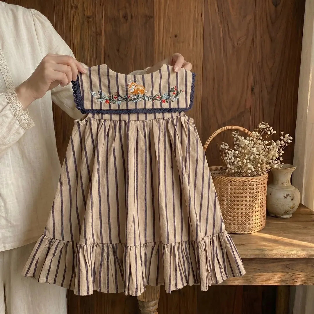 Baby Girl Pure Cotton Princess Dress Summer New Style Girls' Striped Embroidered Dress Baby Daily Wear Internet Celebrity Dress