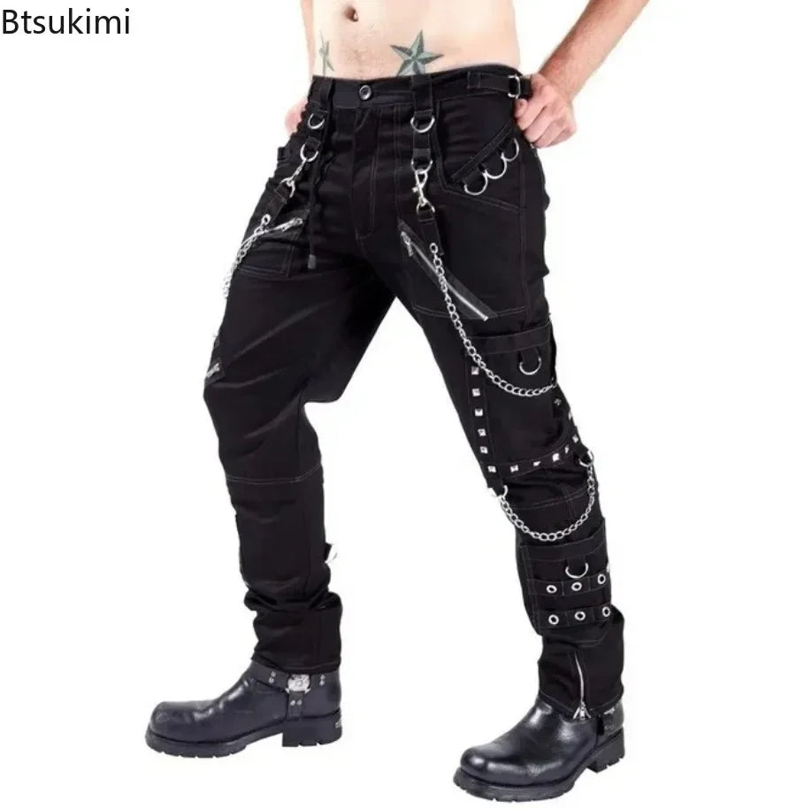2026 Men's Hip Hop Rock Punk Gothic Pants Cotton Casual Pants Buckle Zip Chain Strap Trousers Men Streetwear Daily Cargo Pants