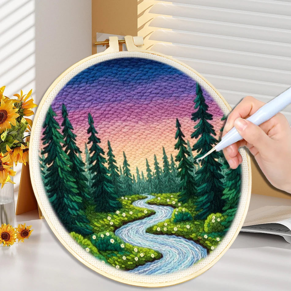 Punch Needle Embroidery Starter Kits Scenery Pattern for Adults Beginners DIY Craft Punch Needle Kits Embroidery With Frame