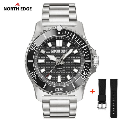 NORTH EDGE ABYSS Men Solar Powered Diving Quartz Luxury Watch 200M Waterproof Dive Sports Watches 316L Steel Case 180+ Day Power