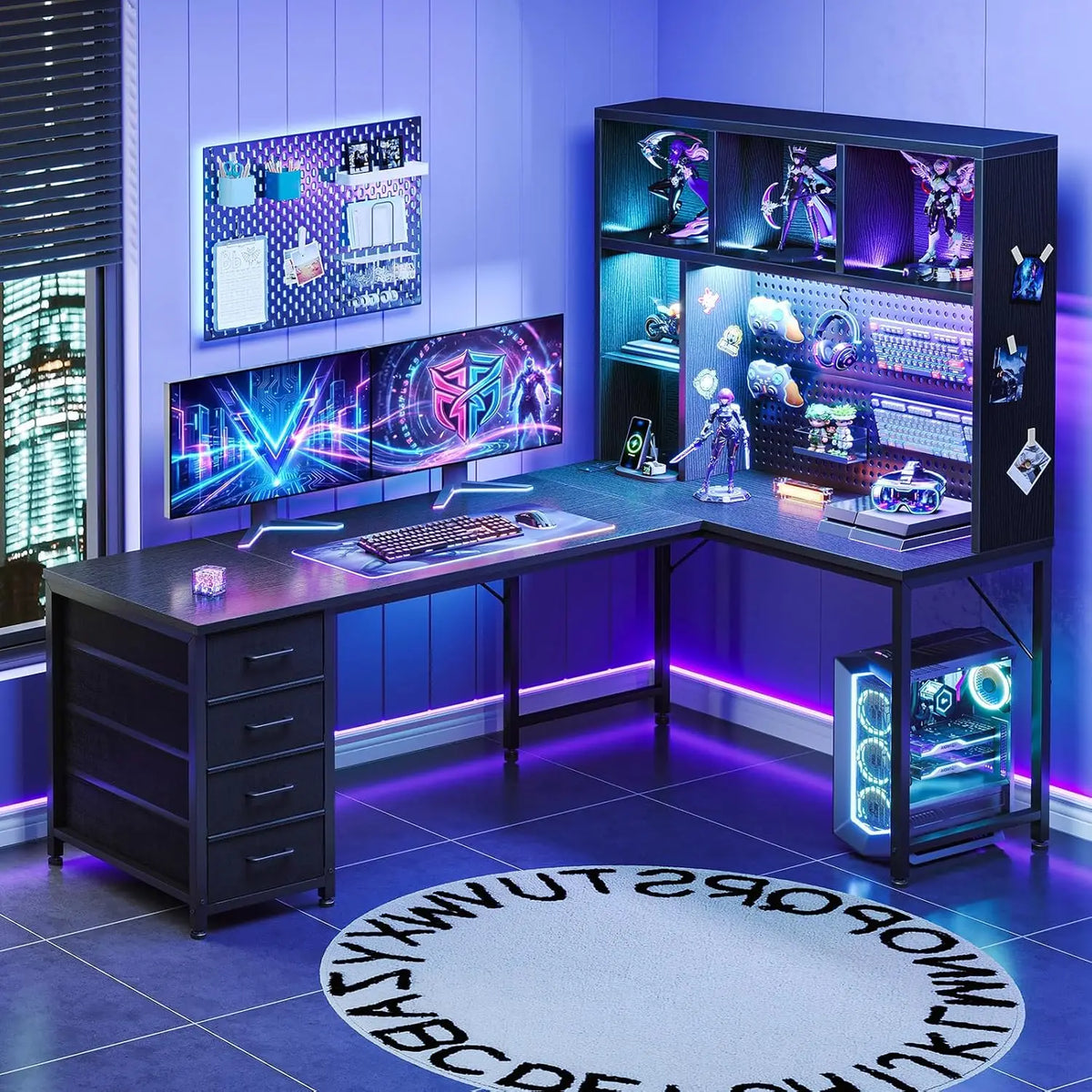 #63" L Shaped Gaming Desk with Hutch, Storage & Shelves, L Shaped Desk with 4 Drawers, Inserted LED Light Strip &, Customized