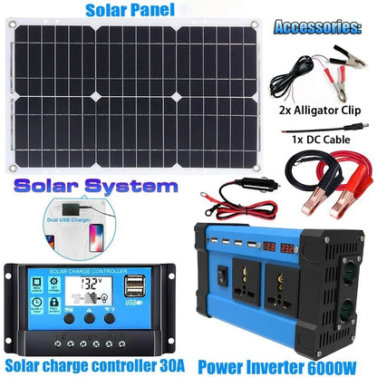6000W Solar Inverter Kit Complete Power Generation 600W Solar Panel 110V/220V System 12V Solar Panel Battery Charging Controller