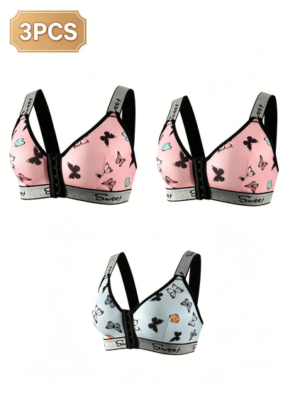 3pcs Women's Underwear Set, Multi-Color Front Closure Bra